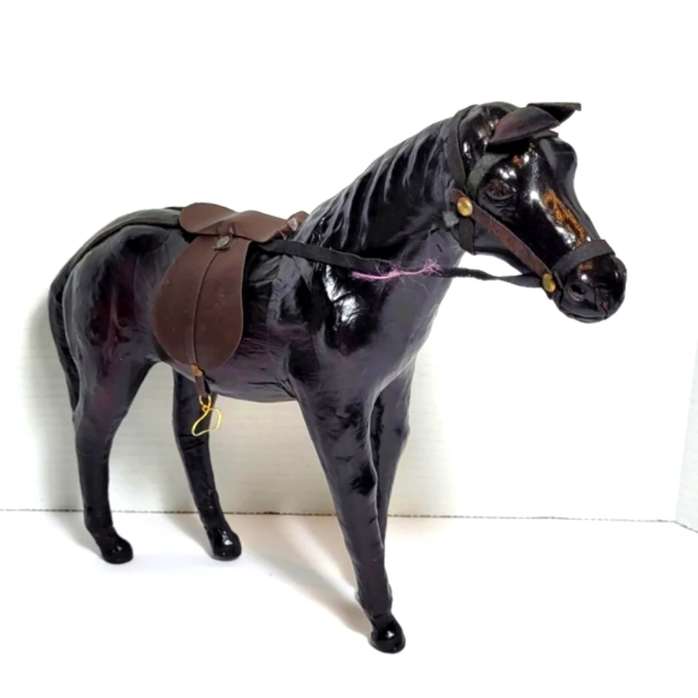 Vintage Brown Leather Wrapped Horse Statue Figure With Saddle - Picture 1 of 12